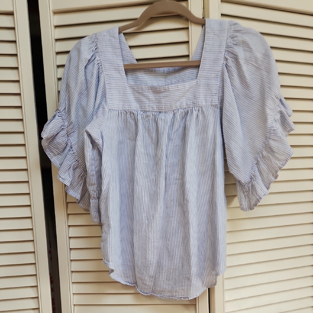 beachlunchlounge Blue and White Puff Sleeve Ruffled Blouse Linen And Cotton
